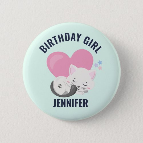 Cute White Kitty Cat with Pink Heart Birthday Girl Button