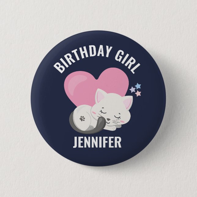 Cute White Kitty Cat with Pink Heart Birthday Girl Button (Front)