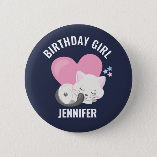 Cute White Kitty Cat with Pink Heart Birthday Girl Button