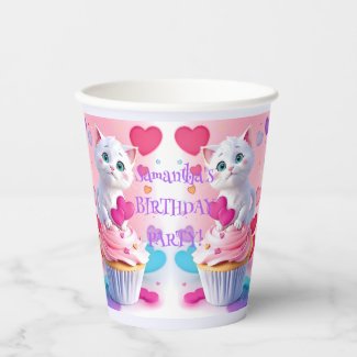 Cute White Kitty & Cupcake Girly Birthday Party