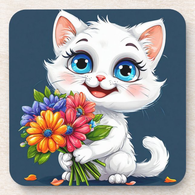 🐱 Cute White Kitty Floral Home Drink Coaster 🌸 (Front)