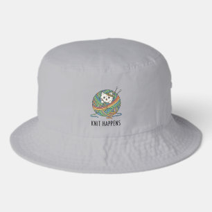 Cute White Kitty Rainbow Yarn Knitting Gray Vibes Bucket Hat