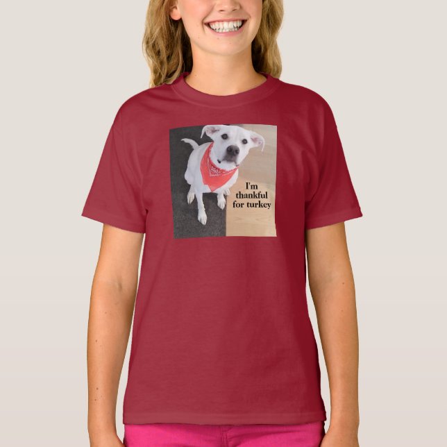 Cute White Labrador Mix Dog Thanksgiving T-Shirt (Front)