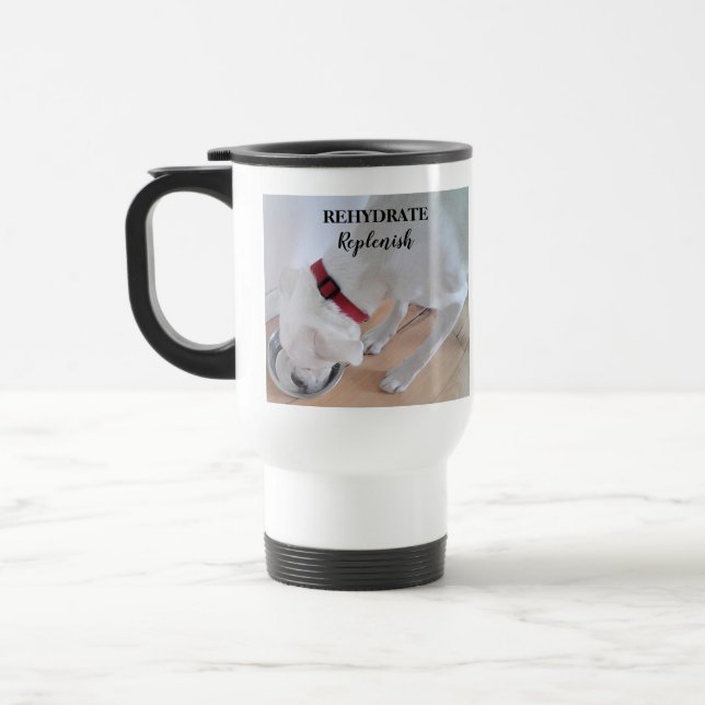 Cute White Labrador Mix Puppy Dog Drinking Water Travel Mug (Left)