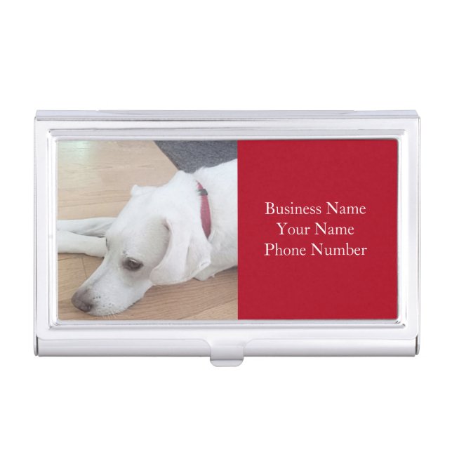 Cute White Labrador Retriever Mix Dog Red Business Card Case (Front)