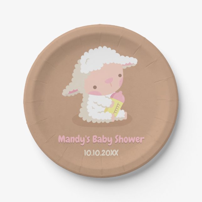 Cute White Lamb and Bottle Baby Shower Supplies Paper Plates (Front)