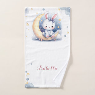 Cute white little bunny sitting on the moon bath towel set