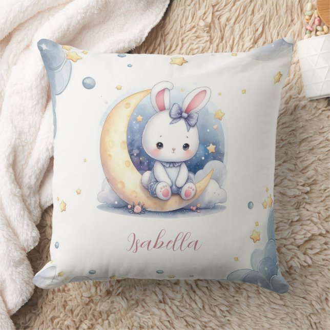 cute white little bunny sitting on the moon throw pillow (Blanket)