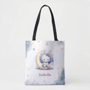 cute white little bunny sitting on the moon tote bag
