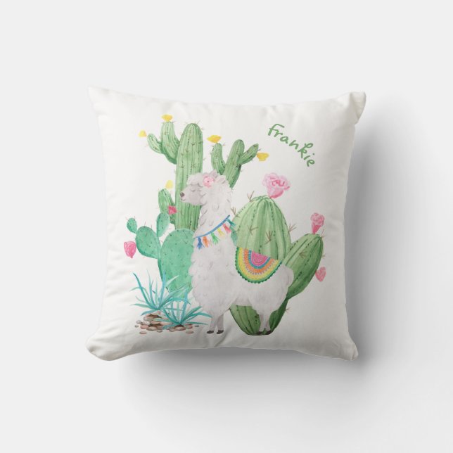 Cute White Llama and Cactus Scene - Personalized Throw Pillow (Front)