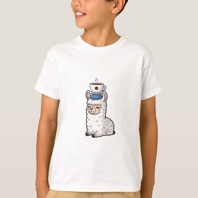 Cute White Llama Balancing Steaming Coffee Cup T-Shirt (Front)