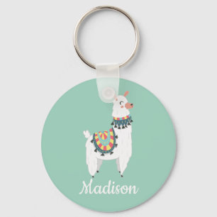 Cute White Llama Mint Green Monogram Name Keychain