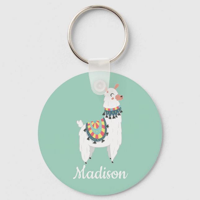 Cute White Llama Mint Green Monogram Name Keychain (Front)