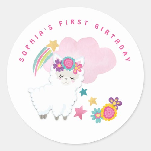 Cute White Llama Name First Birthday Party White Classic Round Sticker