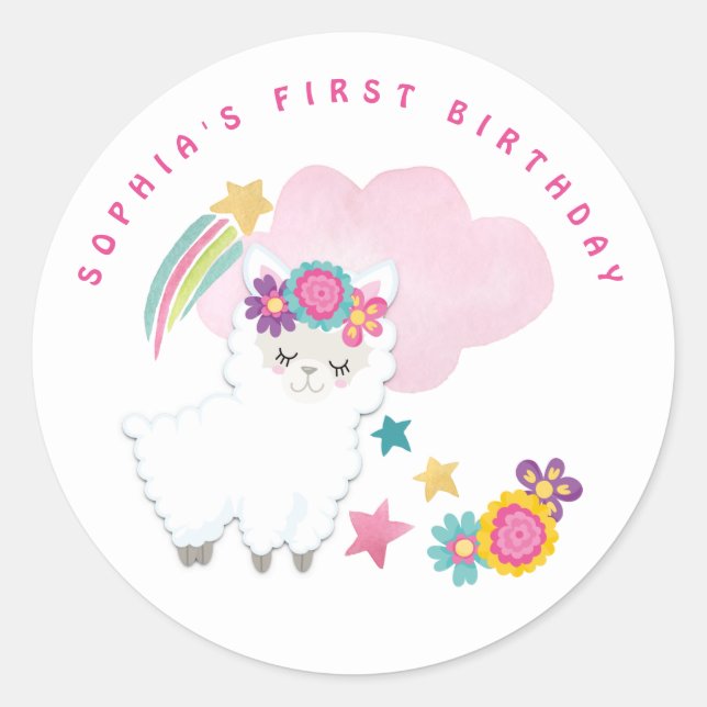 Cute White Llama Name First Birthday Party White Classic Round Sticker (Front)