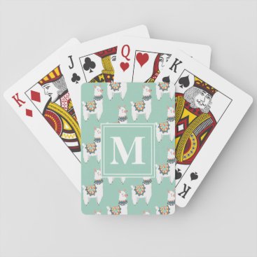 Cute White Llamas Mint Green Monogram Playing Cards