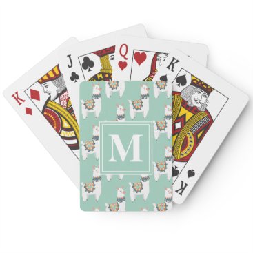 Cute White Llamas Mint Green Monogram Playing Cards Cute White Llamas Mint Green Monogram Playing Cards