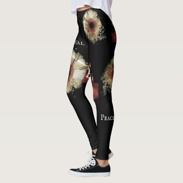 Cute White Love Flowers Floral Pattern Black Leggings (Left)