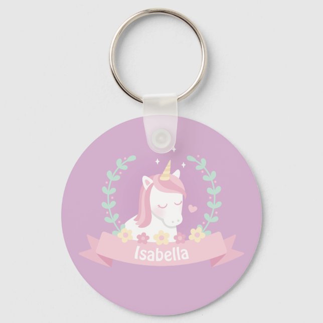 Cute White Magical Unicorn Flowers Girls Keychain (Front)