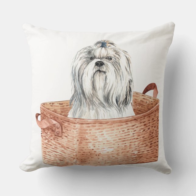 CUTE WHITE MALTESE DOG IN BROWN BASKET THROW PILLOW (Front)