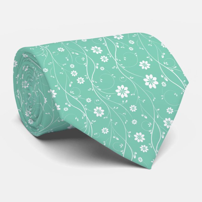 Cute White & Mint-Green Delicate Floral Pattern Neck Tie (Rolled)