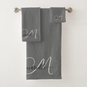 Cute White Monogram Script Name Gray Bath Towel Set