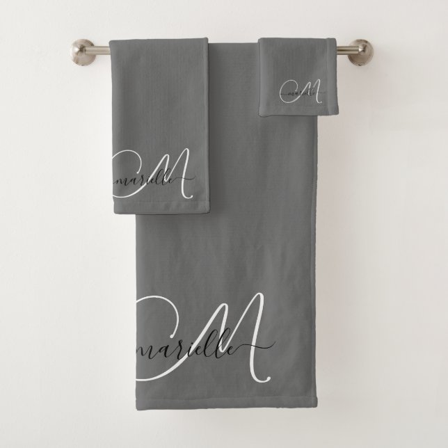 Cute White Monogram Script Name Gray Bath Towel Set (Insitu)