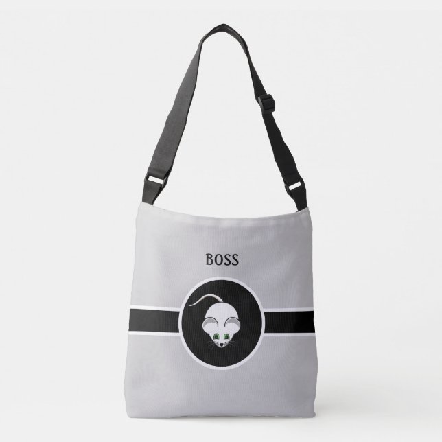 Cute white mouse and calligraphy on light gray crossbody bag (Front)