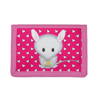 Cute White Mouse and Pink Hearts Trifold Wallet