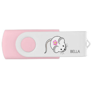 Cute white mouse & flower on silver color flash drive