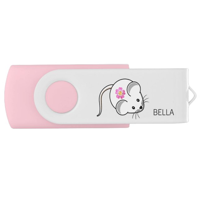 Cute white mouse & flower on silver color flash drive (Front)