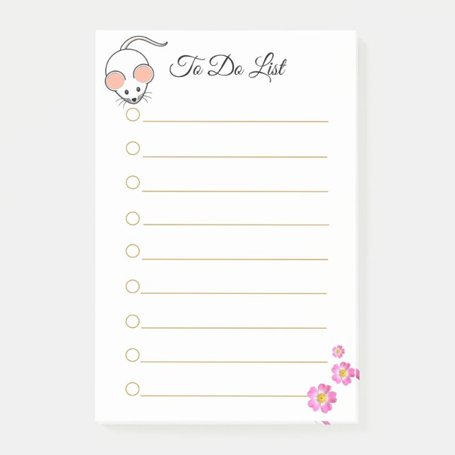 Cute white mouse & pink flowers on white lined post-it notes (Front)
