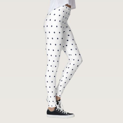 Cute White Navy Blue Polka Dots Pattern Leggings