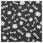 Cute White on Black Cat Bones Fish Paw Pattern Fabric