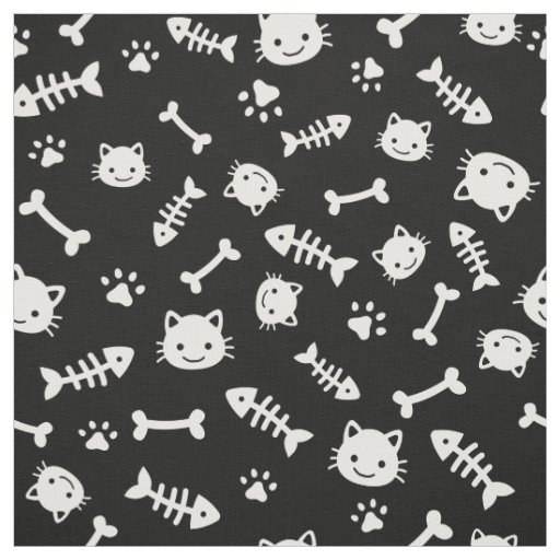Cute White on Black Cat Bones Fish Paw Pattern Fabric