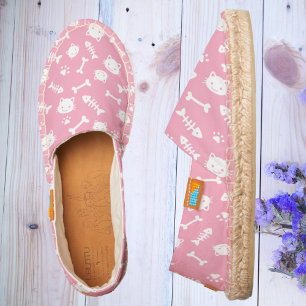 Cute White on Pink Cat Bones Fish Paw Pattern Espadrilles