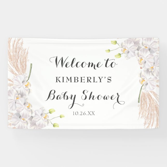 Cute White Orchids and Pampas Baby Shower Backdrop Banner (Horizontal)