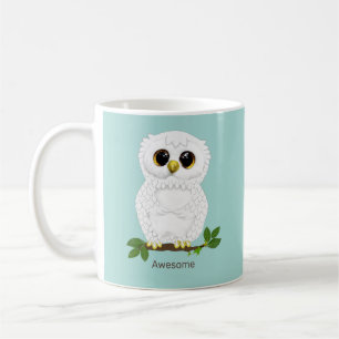 Cute White Owl and Laurel Leaves on Teal Coffee Mug