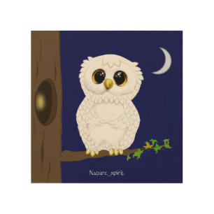 Cute white owl & crescent moon on navy blue wood wall art
