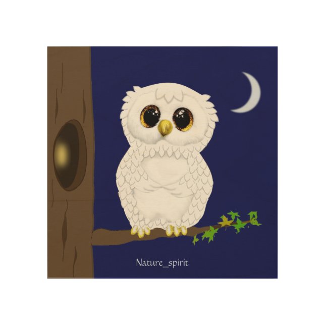Cute white owl & crescent moon on navy blue wood wall art (Front)