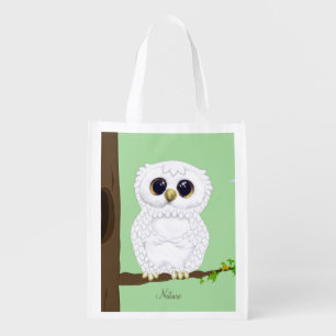 Cute white owl & editable text on light green grocery bag