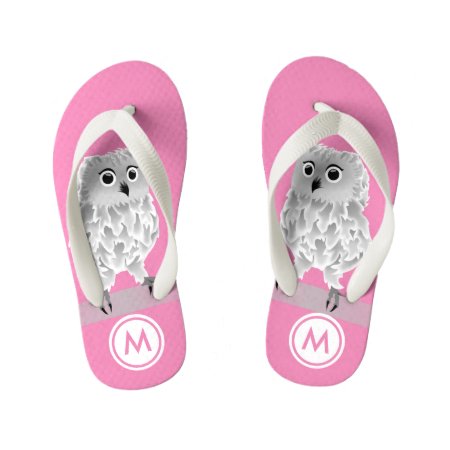 Cute White Owl Pink Girls Monogram Kid's Flip Flops
