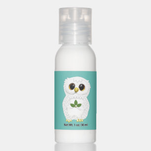 Cute white owl with laurel leaves on teal hand lotion