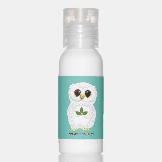 Cute white owl with laurel leaves on teal hand lotion (Front)
