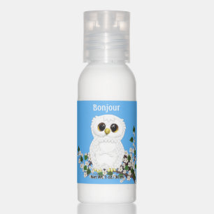 Cute white owl with white flowers on sky blue hand lotion