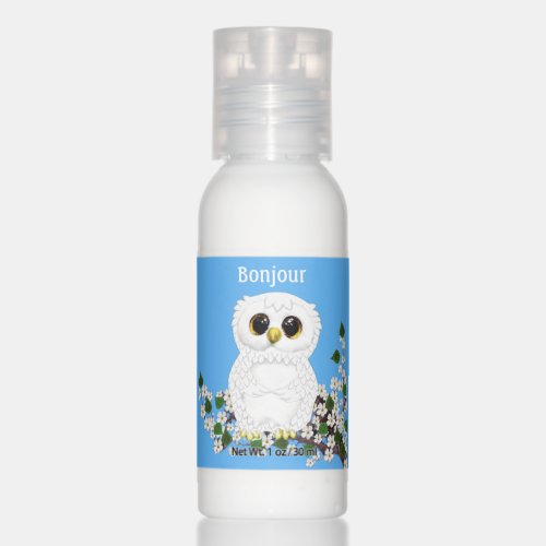 Cute white owl with white flowers on sky blue hand lotion