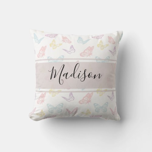 Cute White Pastel Butterfly Pattern Monogrammed Throw Pillow