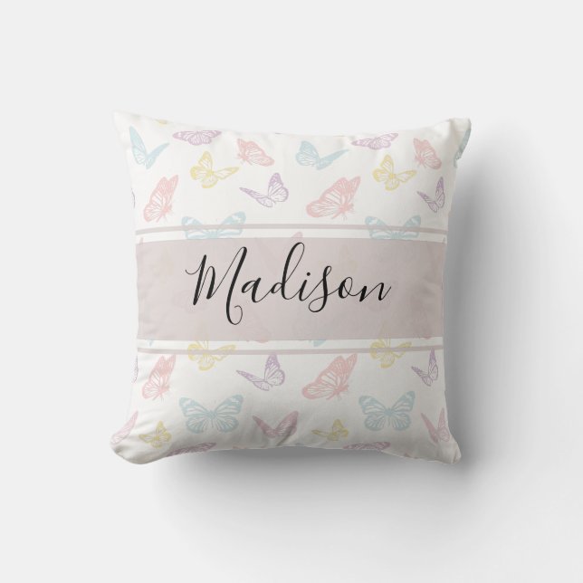 Cute White Pastel Butterfly Pattern Monogrammed Throw Pillow (Front)