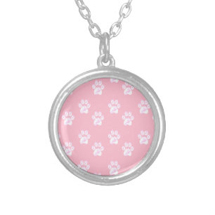 Cute white paw pattern on pink silver plated necklace