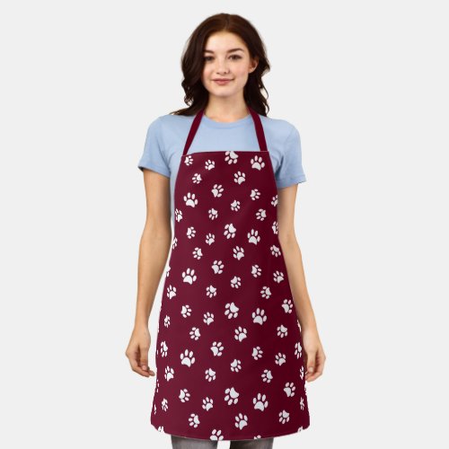 Cute White Paw Prints Pattern Burgundy Apron